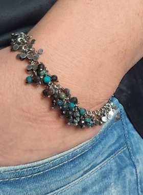 女纯银波西米亚孔雀石宝石手链