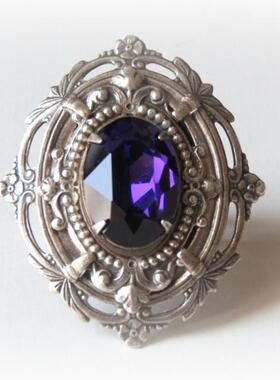 华丽椭圆紫色水晶银色掐丝戒指