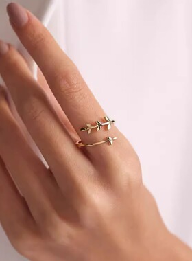 自然橄榄枝叶子开口可调女士戒指