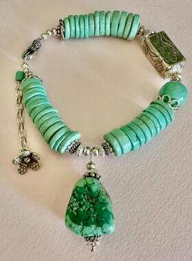 天然绿松石纯银花朵串珠手链