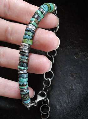 原石绿松石宝石925纯银中性手链