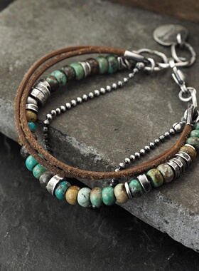 绿松石串珠棕色皮革氧化纯银手链