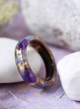 海外代购Nature◇手作紫蓝色花瓣桦树皮木质24K金箔天然树脂戒指