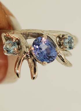 精灵鹿角蓝色宝石纯银14K金戒指