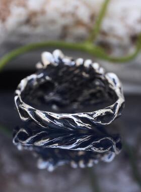 纯银复古天然琥珀戒指花朵枝叶