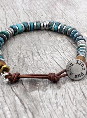 男士部落天然绿松石串珠皮革手链