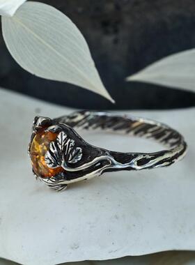 天然琥珀花朵树枝纯银订婚戒指