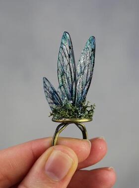 美人鱼蓝绿色蝴蝶翅膀童话戒指