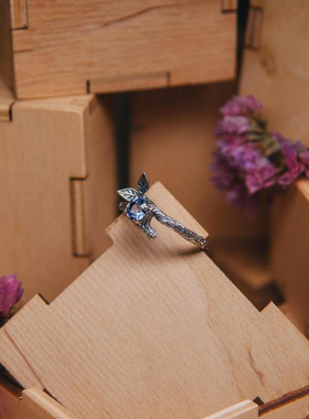 纯银复古坦桑石宝石镶嵌戒指枝叶