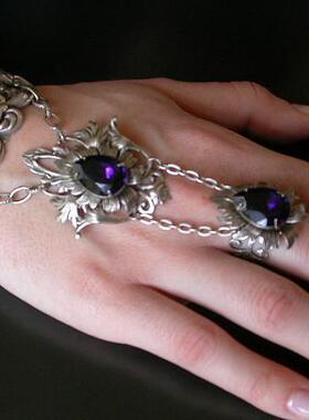 紫色水晶黄铜镀纯银连指戒指手链