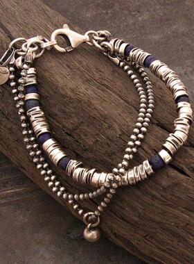 情侣纯银青金石宝石银珠多股手链