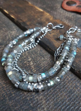 中性氧化纯银复古天然拉长石手链