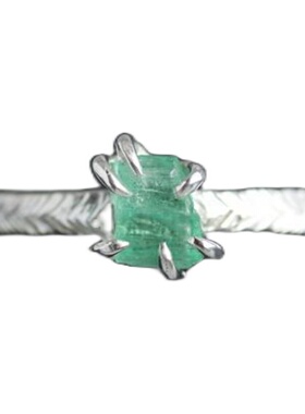 天然祖母绿翡翠宝石原石纯银戒指