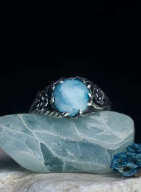 波西米亚天然石花朵纯银戒指复古