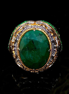 纯银镀金天然翡翠绿色氧化锆戒指