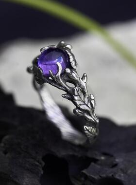 女士纯银叶子花蕾紫水晶镶嵌戒指