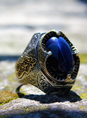 纯银复古深蓝色虎眼石宝石戒指