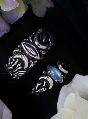 情侣纯银复古天然月光石对戒戒指