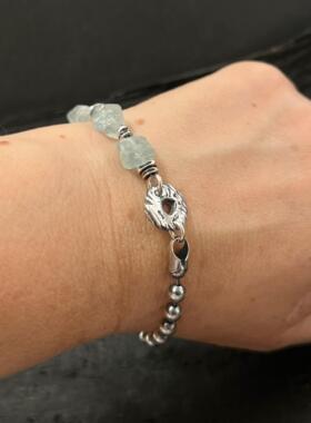 天然海蓝宝石原始纯银银珠手链