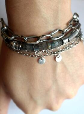 纯银天然拉长石串珠多股银链手链