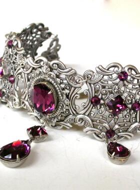 哥特华丽紫色水晶掐丝镀纯银项链