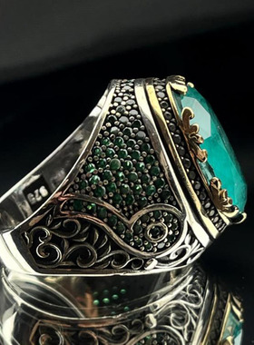 925纯银复古翡翠石绿色宝石戒指