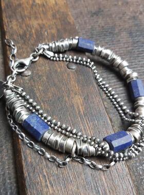 男士纯银青金石多层银珠银链手链