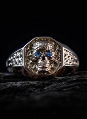 14K金骷髅图章六角形男士戒指