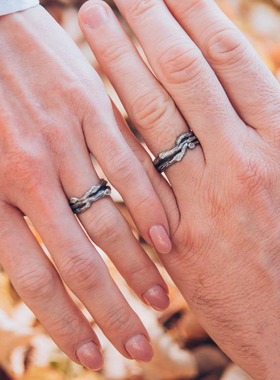 纯银树皮情侣结婚对戒套装戒指