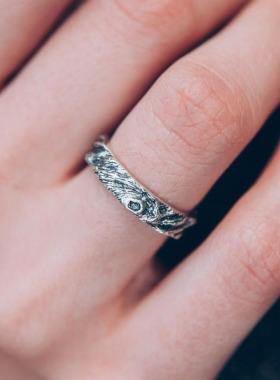 纯银复古自然灵感树皮浮雕戒指