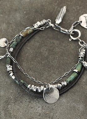 绿松石赤铁矿氧化纯银叠戴手链