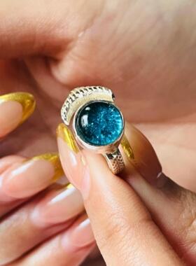 手作水蓝宝925银可调美人鱼戒指