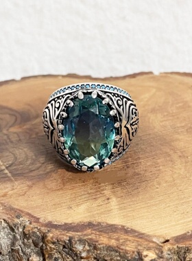 碧玺锆石宝石镶嵌纯银男士戒指