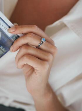 月光石14K金玫瑰花朵纯银戒指