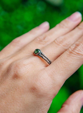 女纯银复古天然苔藓玛瑙戒指镶嵌