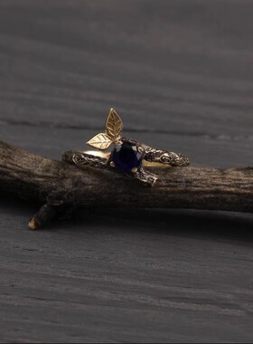 蓝宝石纯银雕刻精致叶子树枝戒指