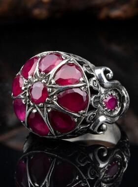 纯银复古蓝色锆石镶嵌圆顶戒指