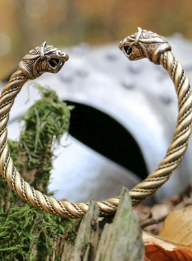 复古男黄铜兽头扭环手镯开口可调