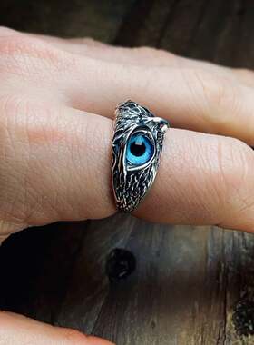 英国手作风复古动物蓝色眼睛戒指