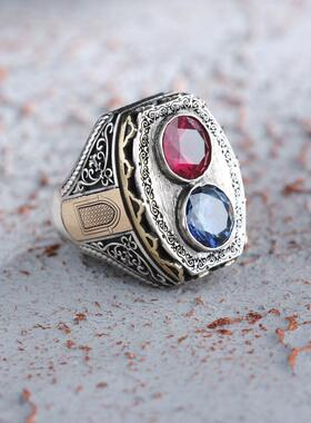 石榴石托帕石镶嵌复古纯银戒指