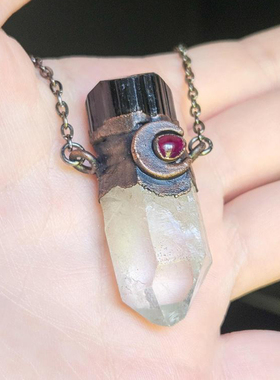 铜女天然黑色碧玺透明石英项链