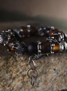 男士氧化纯银棕色琥珀串珠手链