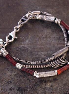 棕色碧玉蛇链银珠银管纯银手链