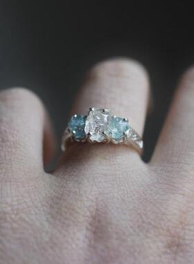 天然海蓝宝石原石纯银戒指订婚