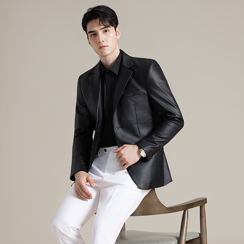 25秋季皮西装韩版修身皮衣外套商务休闲翻领夹克时尚简约男装上衣 - 图2