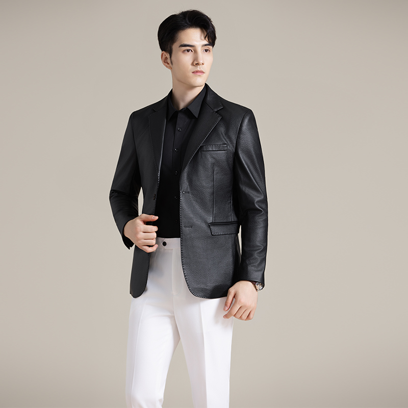 25秋季皮西装韩版修身皮衣外套商务休闲翻领夹克时尚简约男装上衣 - 图0