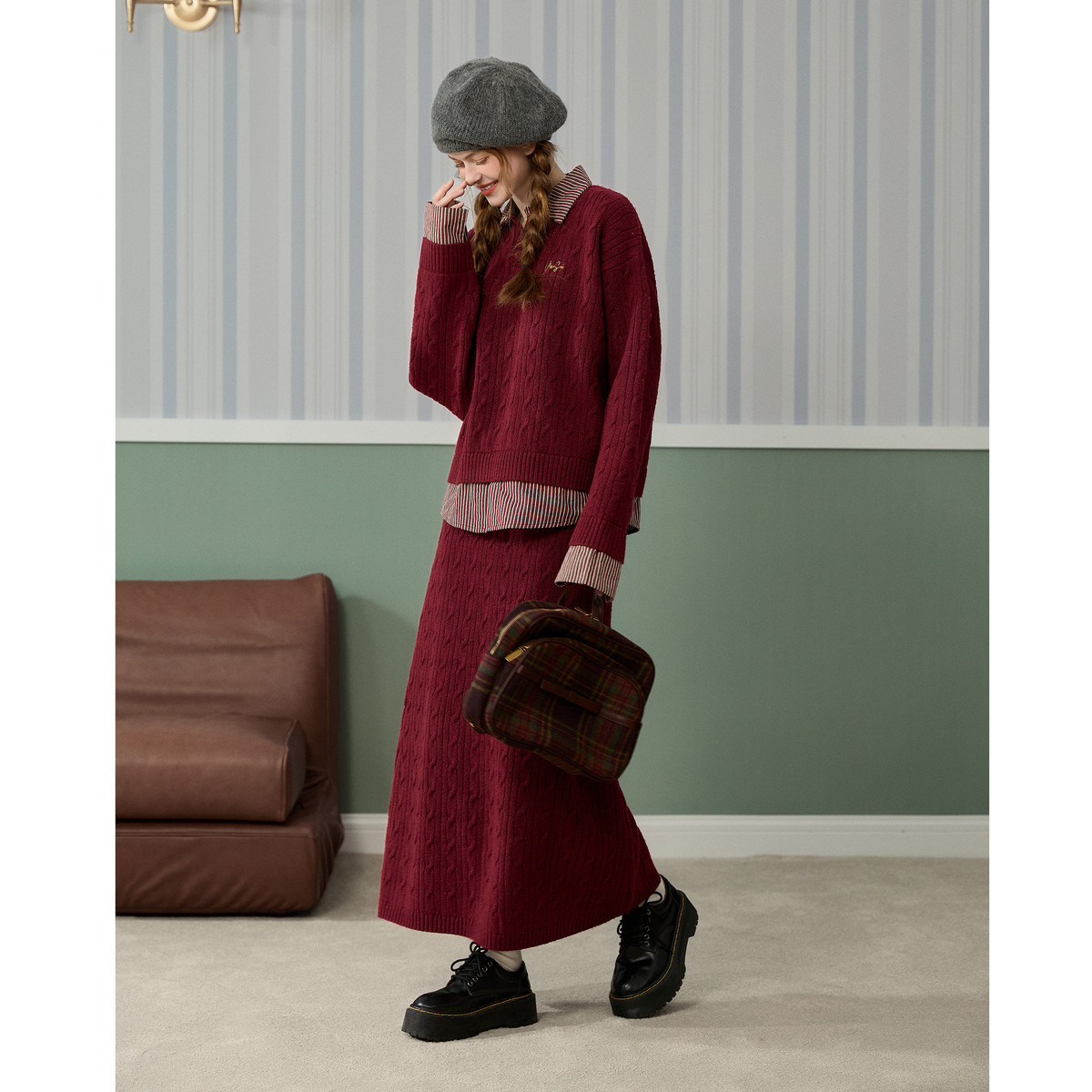 唐狮2026新款红色毛衣套装女毛线衫polo领宽松半身裙新年两件套,淘宝优惠券,粉丝福利购,淘宝优惠卷