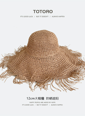 草帽大檐女手工可折叠毛须边百搭