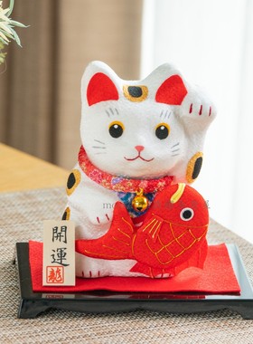 日本制 京都龙虎作手工绢布招福金运招财猫 办公室开业摆件送礼