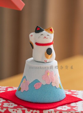 日本制京都龙虎作绢布柴犬猫与富士山达摩礼物办公室招福开运摆件